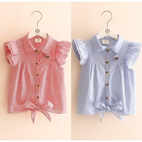 2021 Hot Summer Cute Girls Birthday Clothing Stripe Butterfly Sleeve Striped Dog Botton Kids Girl Short Fly Sleeve Blouse Shirt