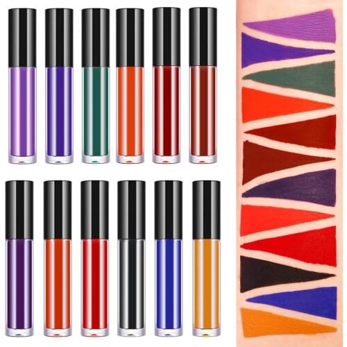 12 Colors Bright Color Matte Liquid Black Lipstick Private Label Lipgloss Wholesale No Label Lip Gloss Pigment Powder Waterproof