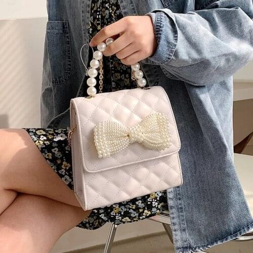 Pearl Bow Mini Tote Bag 2021 Spring Fashion New High-quality PU Leather Womens Designer Handbag Chain Shoulder Messenger Bag
