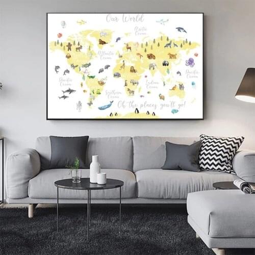 Cartoon Animal World Map Canvas Painting Posters and Prints Quadros Wall Art Picture for Kids Room Home Decoration Art Cuadros