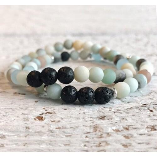 Stacking Bracelet Pulsera Mujer Handmade Beaded Friendship Wrist 6mm Amazonite & Lava Stone Bracelet Set Of 2
