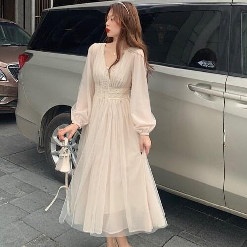 SLPBELY Women Elegant Dress French Solid Long Sleeve Fairy Party Dress Sexy V-Neck Chic Dress Spring Clothing Female Vestido