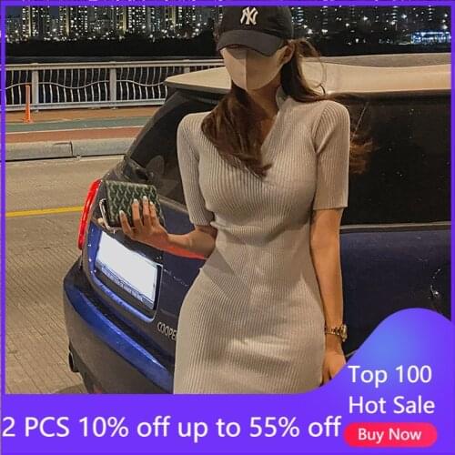 Sexy Slim Dress For Women 2021 New Polo Collar Cotton Younger Casual Short Sleeve Midi Dress