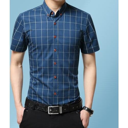 Summer Mens Plaid Shirt Short Sleeves Turn-down Collar Mens Business Dress Shirts Fashion Tops Checkered Shirts For Men Blouse