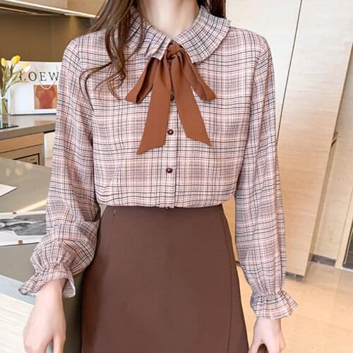 Shintimes Plaid Shirt Women Clothes Bow Button Preppy Style Long Sleeve Blouse 2021 Spring Fall New Womens Tops Chemisier Femme