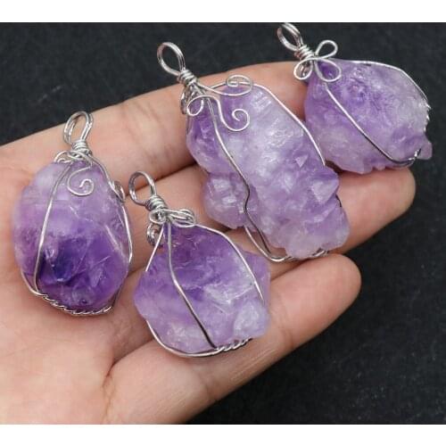 Hand Craft Flower Wrap Reiki Healing Stone Purple Crystal Necklace Raw Cluster Rock Mineral Natural Amethysts Pendants Necklaces