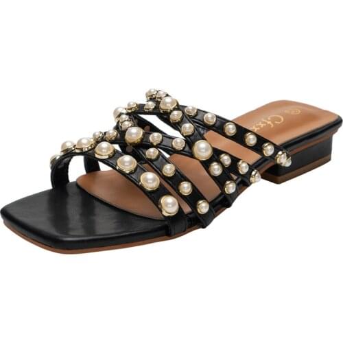 Womens Slippers Rivets Pearl Decoration Square Toe Cross-strap Fashion Word Thick Heel Sandals