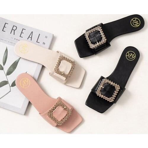 Big Size 35-43 crystal metal square buckle slippers women sandalias summer beach shoes flip flops flat square toe slides 2021