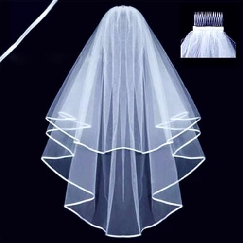 2020 Simple Tulle Wedding Accessories White Ivory Beige Two Layers bride Wedding Veils With Comb Ribbon Cheap Bridal Veil