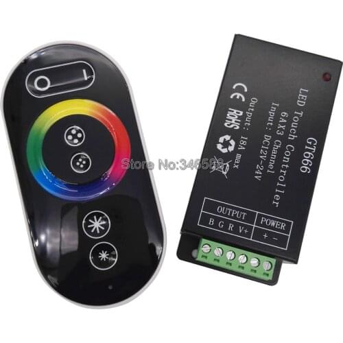GT666 DC12V - 24V 6A x 3CH 18A RGB LED Controller with RF Full Touch Wireless Remote & Color RIng for 5050SMD RGB LED Striplight