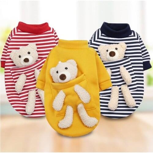 Bear Hoodie Pet Clothing Dogs Cartoon Velvet Dog Clothes Costume French Bulldog Stripe Cute Autumn Winter Yollow Boy Mascotas