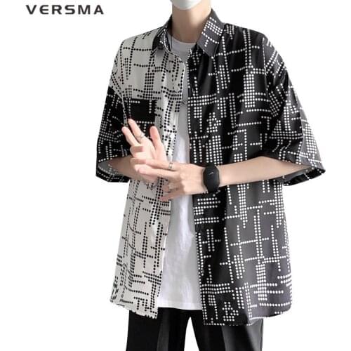 VERSMA Japanese Harajuku Ulzzang Plaid Patchwork Retro Shirts Men Summer Hip Hop Streetwear Loose Couple Shirt Men Dropshipping