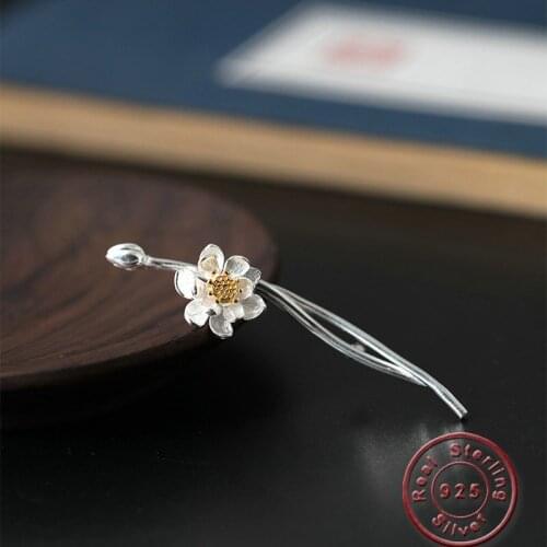 Amxiu Handmade 925 Sterling Silver Brooch Pins Two Tones Lotus Flower Brooches for Women Girls Clothes Wedding Dress Accessories
