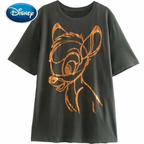 Disney T-Shirt Chic Fashion Gold Bambi Deer Cartoon Print Harajuku Vintage Women Cotton O-Neck Pullover Short Sleeve Tee Tops
