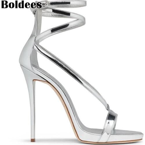 Bright Sivery Gold Leather Summer Women High Heels Sandals 12cm Sexy Stripper Shoes Party Pumps Women Gladiator Sandals