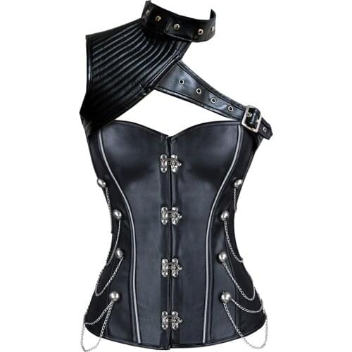 Womens Steel Boned Steampunk Faux Leather Corset Top Retro Gothic Sexy Corsets and Bustiers Waist Trainer Corselet Black