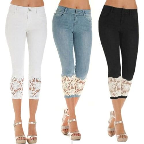 Womens High Waist Stretch Lace Denim Skinny Capri Pants Jeans Slim Fit Trousers New