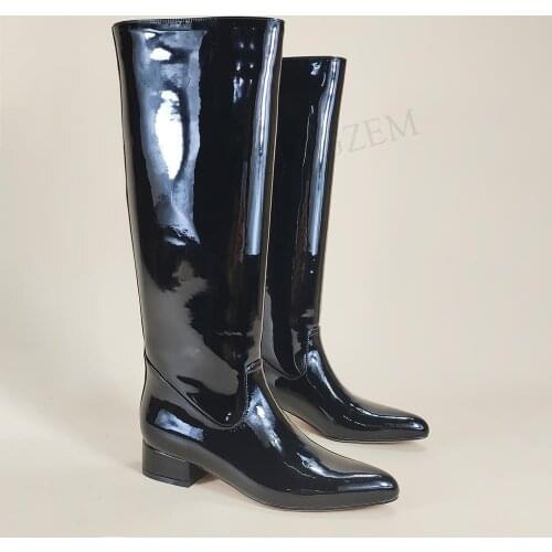 LAIGZEM Quality Women Knee High Boots Real LEATHER Slip On Low Block Heels Autumn Winter Boots Shoes Botines Mujer Size 34 38 39