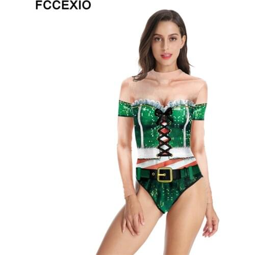 FCCEXIO Women Sexy XMAS Party Bodysuits Print Stretchy Long Sleeve Thong Jumpsuit Bodycon Christmas Girl Rompers&Playsuits