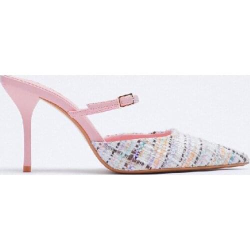 LMCAVASUN ZA 2021 New Arrival High Heel Single Shoes For Women Summer Autumn Pointed Toe Thin Heel Muller Shoes Tweed Sandals