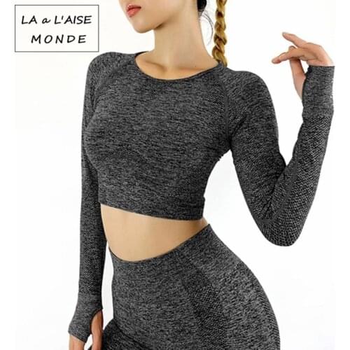 Women Sexy Sports Top Yoga Clothing Gym Crop Top Long Sleeve Shirts Seamless Clothing Solid Color Yoga Shirt Women
