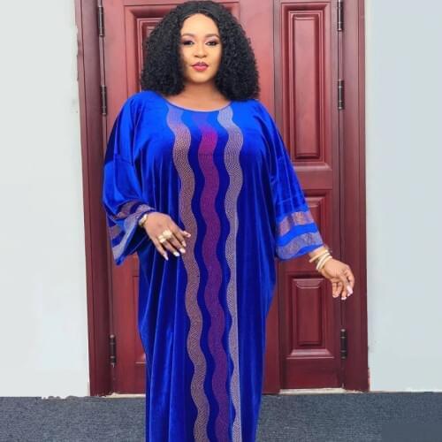 Spring Autumn Lady Long Dress Women O Neck Long Sleeve Loose Dress 2020 Fashion New Maxi Diamonds Velvet African Dress