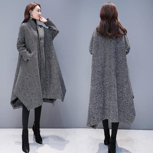 Winter Wool Coat Women Korean Style Loose Overcoat long woolen One Button Lady Outwear Fashion Stand Collar Clothing