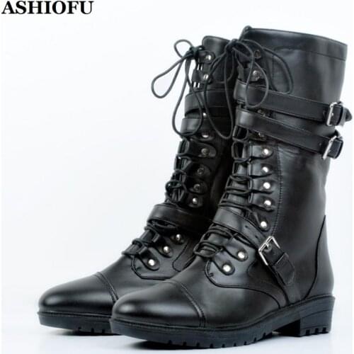 ASHIOFU Classic Handmade Womens Fashion Boots Shoelace Buckle Straps Knight Mid-calf Boots Ridding Sexy Club Motor Boots XD130