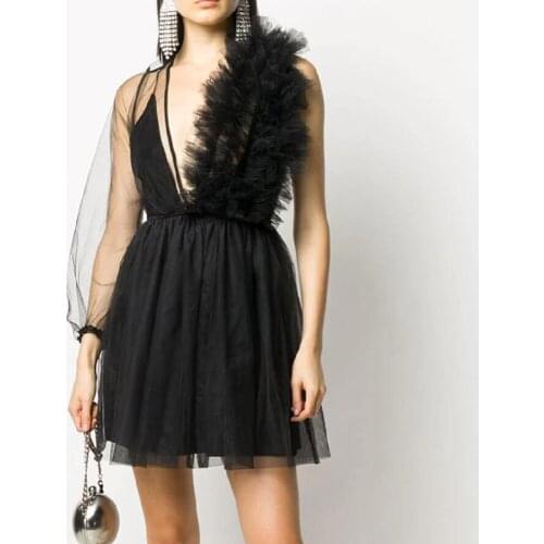 Black Tulle Illusion Evening Dresses 2021 Sexy Deep V-Neck Long Sleeves Prom Gowns A-Line Backless Party Dress robes de soirée