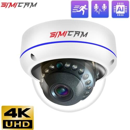 SIMICAM 4K 8MP Security IP Dome Metal shell PoE Camera Onvif H265 3840x2160 100ft Human IR Night Vision Audio Video Surveillance