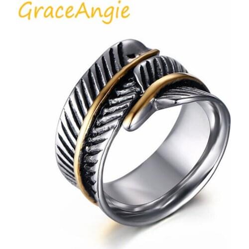 GraceAngie Personality Feather Plant Shape Ring Titanium Steel Personality Cool Mystery Punk Style Mens Decoration