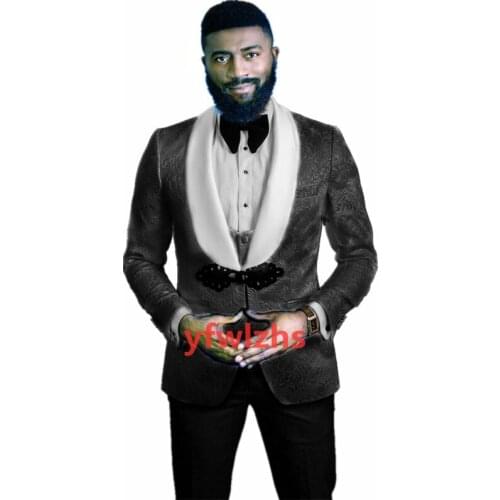 Handsome Embossing Groomsmen Shawl Lapel Groom Tuxedos Wedding Dress Men Suits Blazer Prom Dinner (Jacket+Pants+Tie+Vest) B18