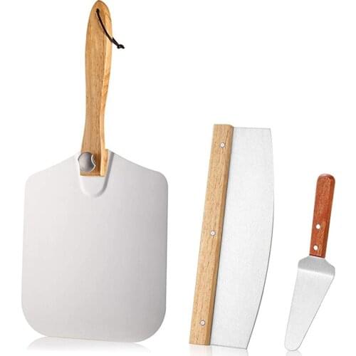 Foldable Pizza Peel & Rocker Cutter & Server Set, Aluminum Pizza Paddle with Wooden Handle - Easy Storage Pizza Spatula
