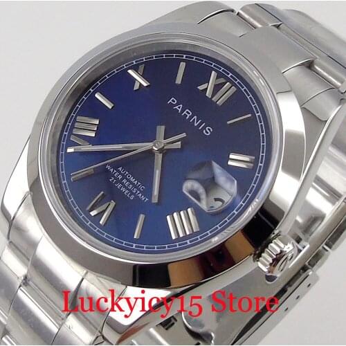 PARNIS Luxury Blue 39.5mm 21 Jewels MIYOTA 8215 Automatic Men Watch Roman Numbers Steel Bracelet Sapphire Glass