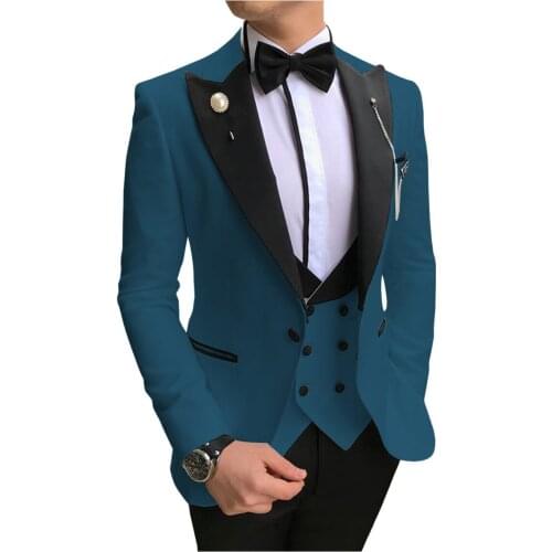 Custom Made Men Suits Teal and Black Groom Tuxedos Peak Lapel Groomsmen Wedding 3 Pieces ( Jacket+Pants+Vest+Bow Tie ) D242