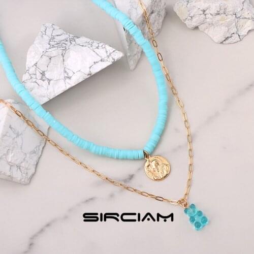 New Design Blue Little Bear Portrait Coin Clay Beaded Necklace For Women Handmade Soft Pottery Bead Choker Layered Sweet Jewelry