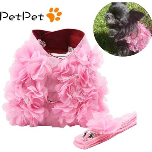 Pink Flower Dog Harness Leash Set Cute Pet Puppy Harnesses Vest Small Dogs Cat Chest Strap Leashes for Chihuahua Teddy Pet Leads