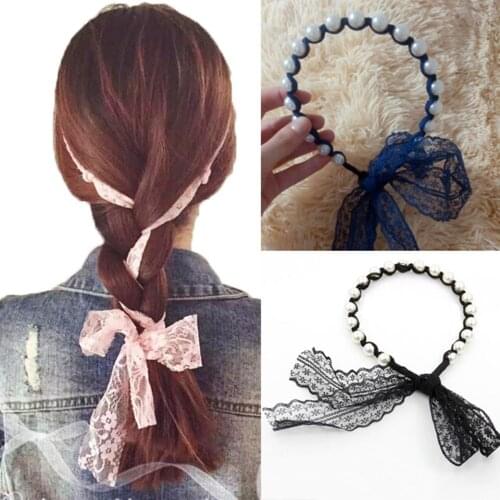 Lace Flower Headbands for Women Imitated Pearl Scrunchy Headband Elastic Hairband Girls Hair Accessories