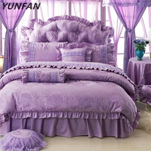 Romantic Purple Lace Princess Wedding Bedding Sets Bedspread 4pcs Jacquard Satin Ruffles Duvet Cover Bedclothes Bed Skirt Cotton