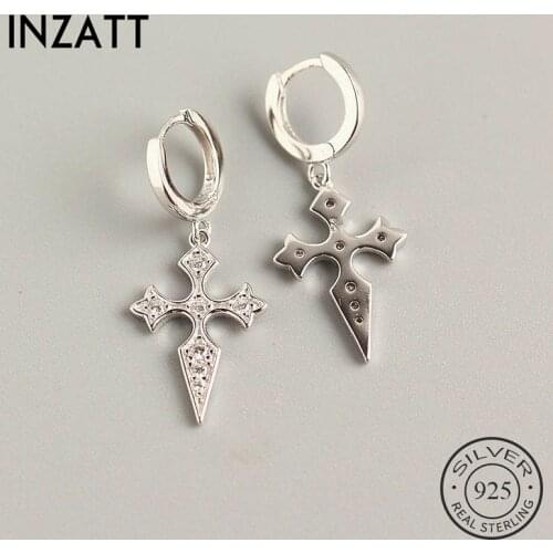 INZATT Real 925 Sterling Silver Zircon cross Hoop Earrings For Fashion Women Party Fine Jewelry Minimalist Accessories Gift