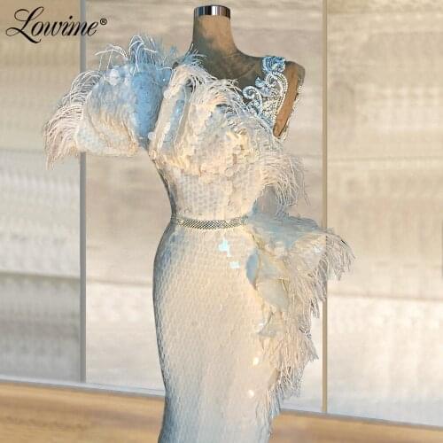 Sequins Ivory Party Dress Feather Pearls Beaded Dubai Mermaid Formal Evening Dresses Arabic Prom Dresses 2020 Robe De Soiree