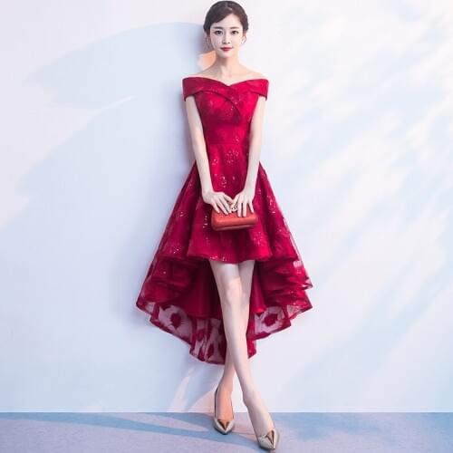 Burgundy Chinese Oriental Off Shoulder Short Wedding Women Sexy Cheongsam Evening Dress Elegant Princess Dresses Modern Qipao