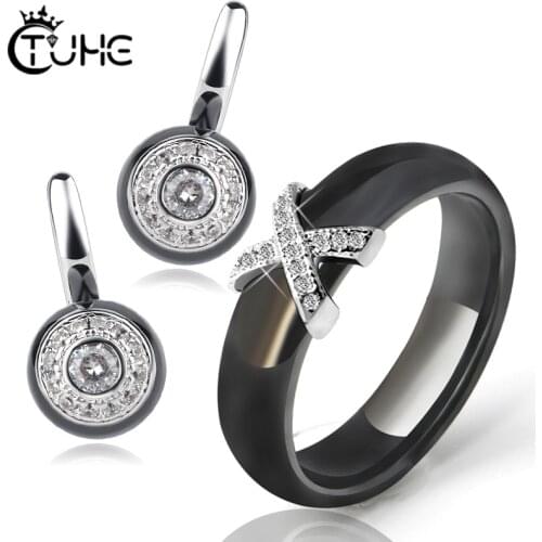 6mm X Cross Ceramic Rings And Stud Earrings for Female Fashion Jewelry Elegant Style Never Fade Women Wedding Jewelry Gifts