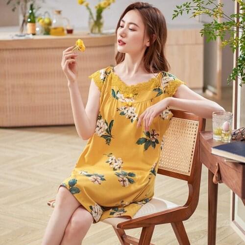 Elegant Flowers Womens Sleepwear Stretch Cotton Night Gowns Summer V-Neck Lace Nightgowns Home Wear Sleep Lounge Sleeping Dress