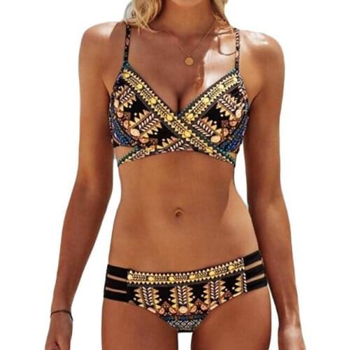 Chest cross straps ethnic style print sexy bikini swimsuit