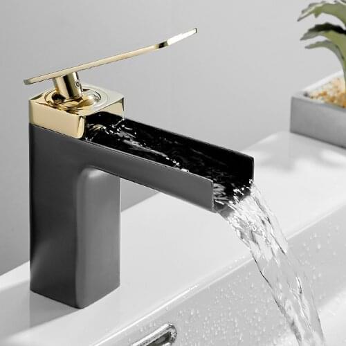 Copper Basin Faucets Solid Brass Sink Mixer Waterfall Tap Hot & Cold Single Handle Deck Mounted For Lavatory/Bathroom White Gold
