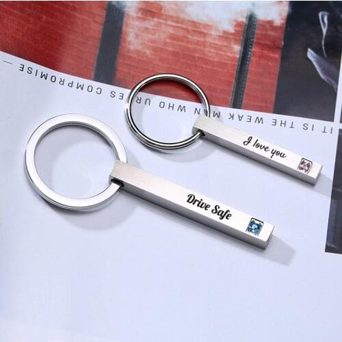 Minimalist Vertical 3D Bar Square Cuboid Key Chains Stainless Steel Keyring Personalized Name Dad