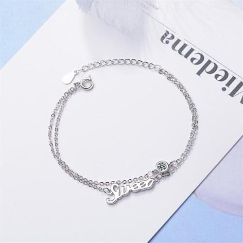 New Fashion Creative 925 Sterling Silver Jewelry Sweet English Letters Flash Round Crystal Double Line Women Bracelets SB154