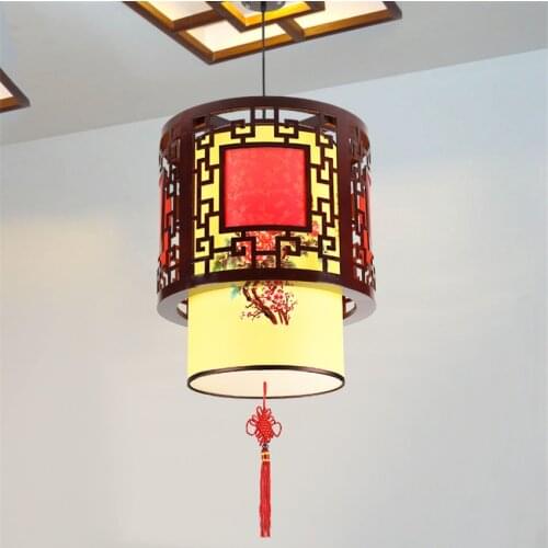 Chinese Antique Wood Sheepskin Lantern Pendant Lights Dining Room Lamp Living Room Corridor Hanging Lights Circular Lighting