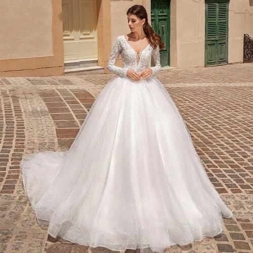 Luxury Princess Full Sleeves Lace A Line Wedding Gowns Deep V Neck Elegant Bridal Dresses Celebrity Bride Formal White Dress